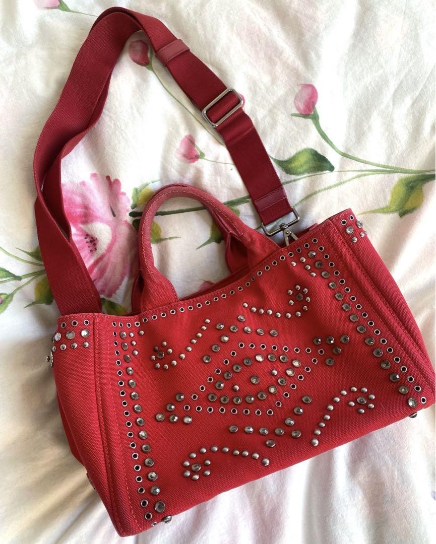 Prada Canapa Red Studded 2-Way Shoulder Bag Authentic with Card