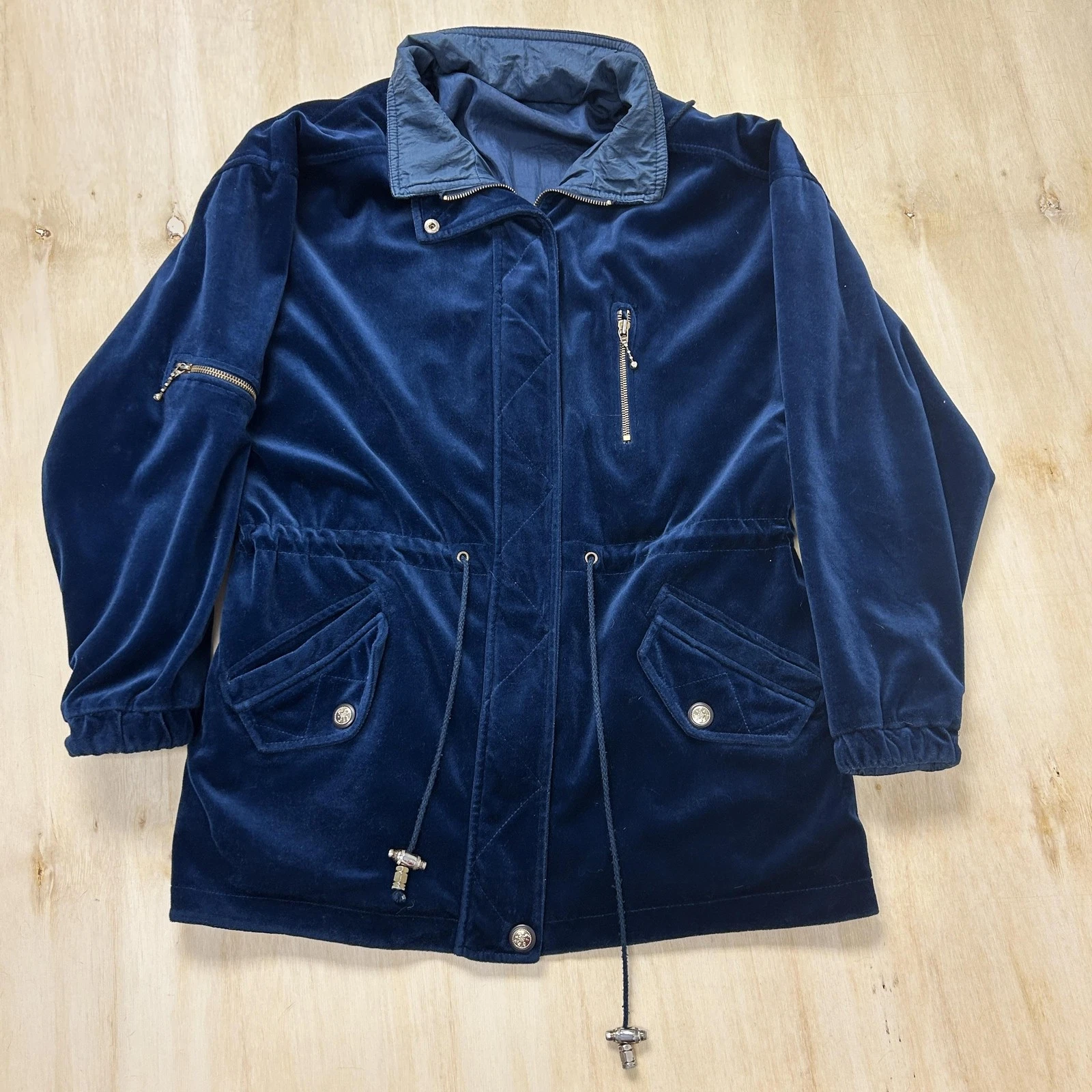 Velour Parka Coat Womens Large Blue Reversible Zip Collared Drawstring Pockets