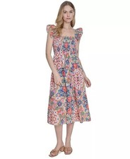 Vince Camuto Smocked Midi Dress Printed Square Neck Ruffle Strap Sundress NWT