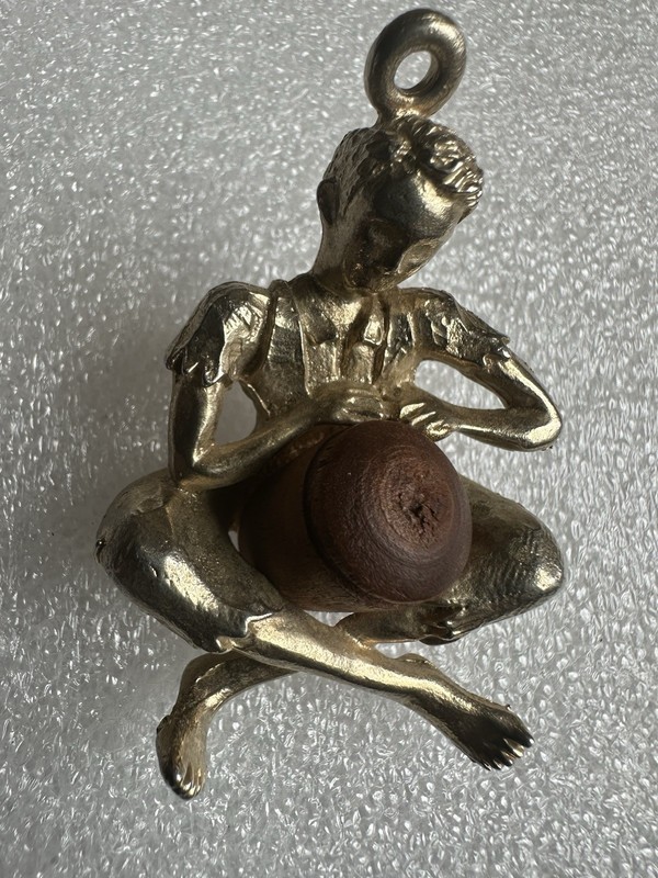 Vintage THAI PHRA NGANG Gold Tone & Wood Amulet Figure Pendant Necklace
