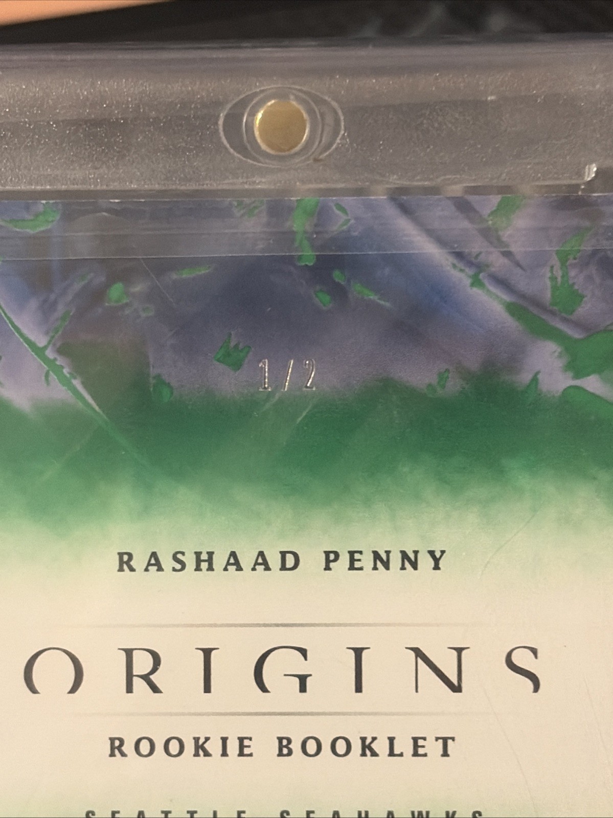 2018 Origins - 1/2 RC Booklet Patch Auto Rashaad Penny #RBA-RP Glove MEM view 3