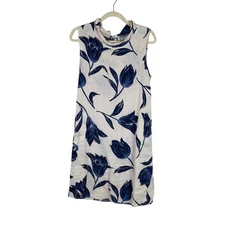 Lina Tomei Womens Linen Floral Print Mini Shift Dress Lagenlook Pockets Size S