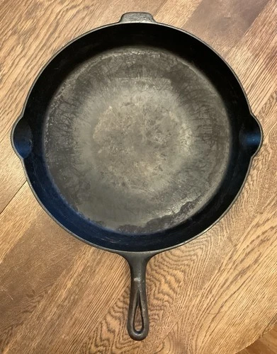 Vtg Griswold Cast Iron Skillet 718 Erie PA Lrg Block Logo #14 Heat Ring Dbl Pour