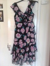 River Island Women Short Sleeved Blue And Navy Floral Layered Lined Dress Siz 16