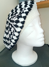 Ladies Hand Crocheted Black and White Beret  Size  L/XL