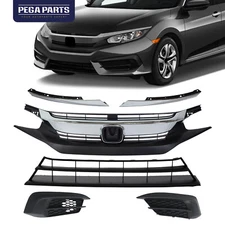 For 2016-2018 Honda Civic Sedan Front Upper and Lower Grille w/ Fog Light Covers