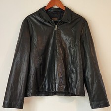 Coach, Women Leather Zip Jacket, Collared, Black/brown, Size L, 100% Leather