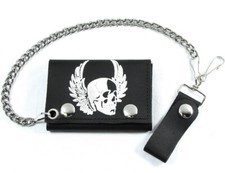 4" Biker Trifold White Skull Wing Chain Black Leather Wallet Made In USA