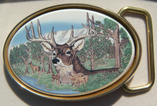 Vintage Barlow Whitetail Deer Solid Brass Deer Buckle Leather Belt USA Made 1983 Vintage Barlow Deer Brass Belt Buckle and Leather Belt 1983  main image 2