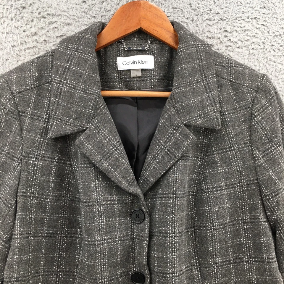 Calvin Klein Blazer 夹克女式 14 灰色格子羊毛混纺纽扣缺口翻领 — 第 4/4 张图片