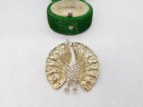Sterling Silber filigrane Form Pfau Brosche Anstecknadel Vintage um 1970