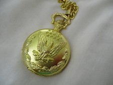 Gold Toned Pocket Watch Eagle USA Patriotic Ornate Roman Numerals w/ Chain