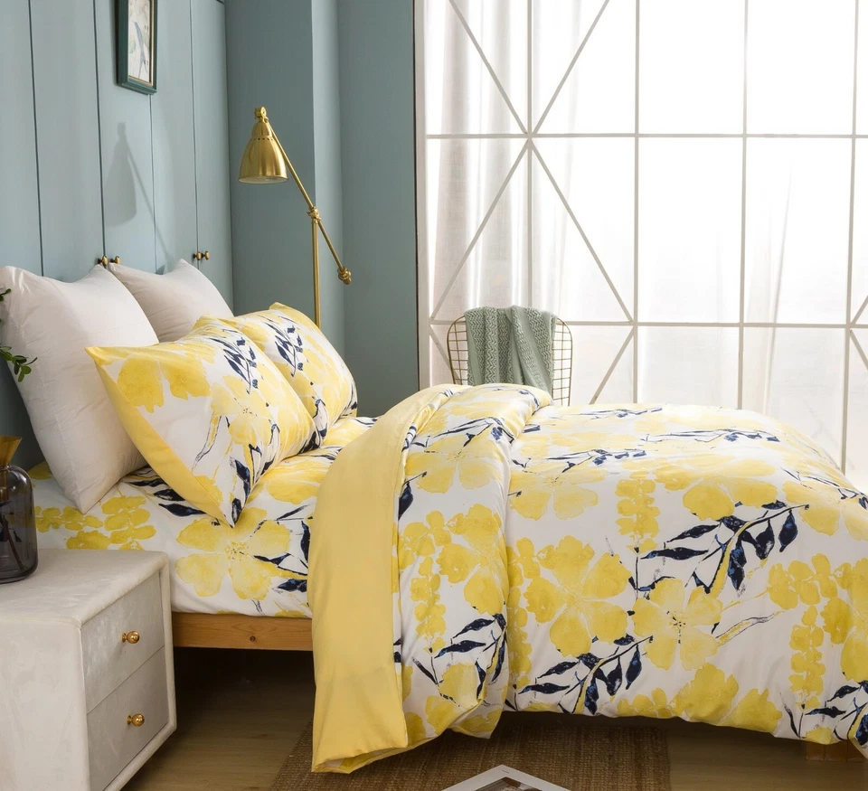 Tache Watercolor Floral Light Yellow Blue Flowers Reversible Print Duvet Cover - Image 2 of 4