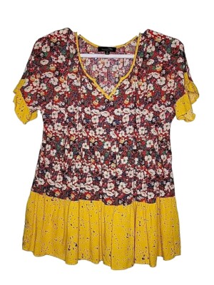 Suzanne Betro Yellow Floral SS Boho Babydoll V Neck Rayon Top Women's Plus 1X