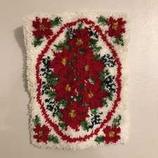 Completed Christmas Latch Hook Handmade Wall Hanging Rug Vintage Poinsettias