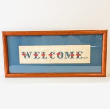 Vtg Framed Finished Cross Stitch WELCOME signed 91 Handmade Needlepoint