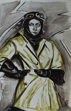 Künstler Zeichnung signiert 30er Jahre vintage Tusche Fliegen Mode Leder Pilotin