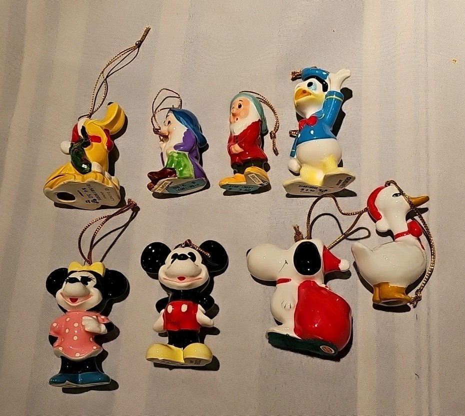 8 Vintage Disney Japan Porcelain Christmas Ornaments featuring Mickey, Minnie & Donald Duck