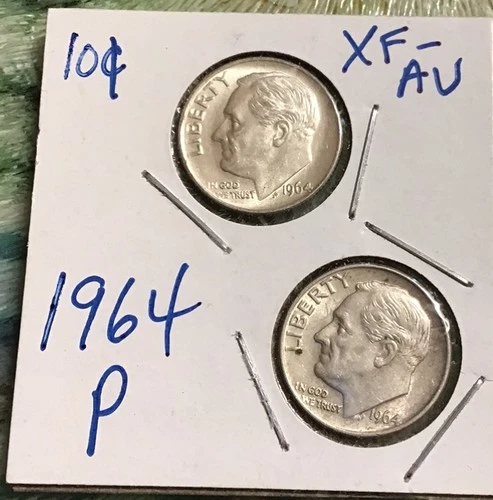 HIGH GRADE AU 1964 P ( 2 coins ) ROOSEVELT SILVER DIMES