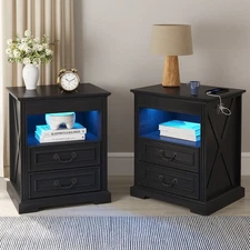 Lvifur Nightstand Set of 2 with Gun Drawers and Charging Station-Luxe Black