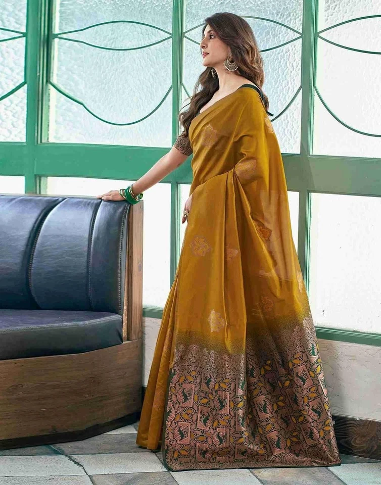 Yellow Saree Bollywood Wedding New Design, Customized Blouse Design Party Saree - Image 2 of 4