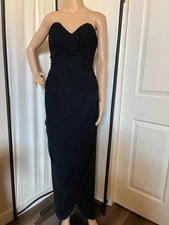 vtg 80's Victor Costa black strapless ruched chiffon overlay maxi dress gown S M