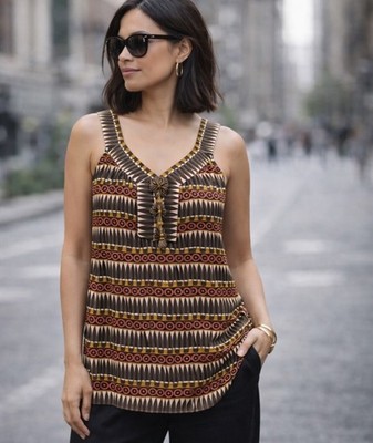 NWT Milly Of New York 100% Silk Tunic Tank Top Sz 4 Geometric Wood Floral Button