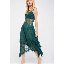 Intimately Free People French Courtship Slip Dress Green Lace Ruffle Tiered XS