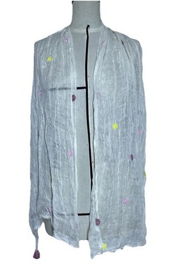 WHITE STUFF women s Linen Tasseled Scarf In White W Floral Embroidery 73''/20'' EC