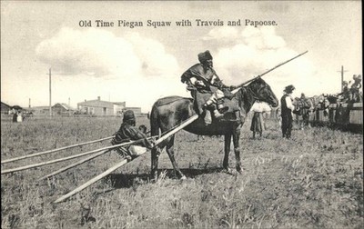 AMERICAN INDIANS Piegan Woman with Travois and Papoose Baby Antique PC
