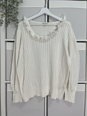 Monsoon Damen Häkeltop Gr. XL Elfenbein Rüschen Strick Strick Baumwollmischung