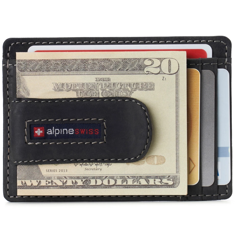 Alpine Swiss Mens RFID Money Clip Leather Minimalist Wallet Card Case ID Window - Image 4 of 4