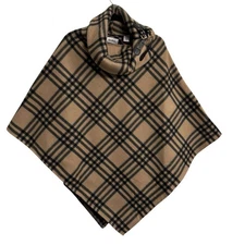 Le Moda Poncho Cape Tan Fleece w/ Black Plaid NEW One Size Drapes Shawl NWOT