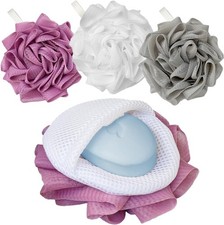 3 Pack Bath Loofah Shower with Soap Bags, Dual-Use Exfoliating Bath Sponges Soap