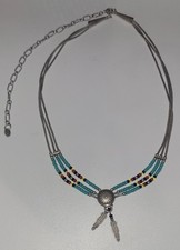 Collier Navajo Argent Massif 925 Perles Turquoise & Plumes - Poinçon Tortue K5