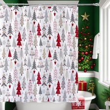 Red Christmas Tree Shower Curtain Watercolor Xmas Winter Holiday 72x72 Inch