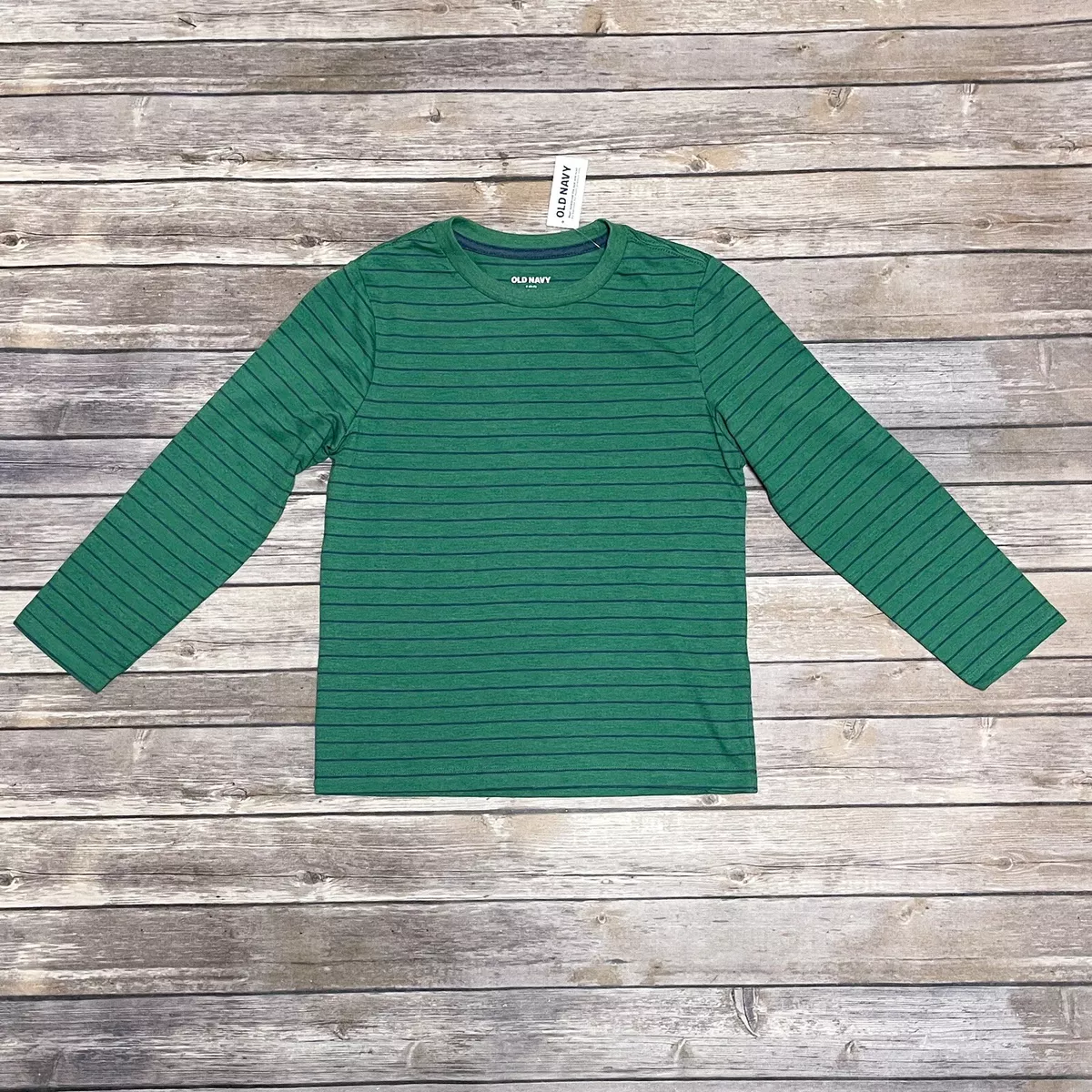 Old Navy Green Blue Horizontal Stripe Crew Neck Long Sleeve Shirt Boys Small NWT
