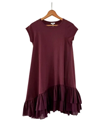 MORGANE LE FAY Trapeze Dress Burgundy Cotton Knit Silk Ruffled Hem Cap Sleeve M - Image 1 of 4