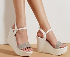 Womens Summer Peep Toe Diamante Ankle Strap Sandals Wedge High Heels Platform