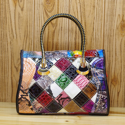 Multi-Color Genuine Leather Croco Stitch Women Satchel Handbag