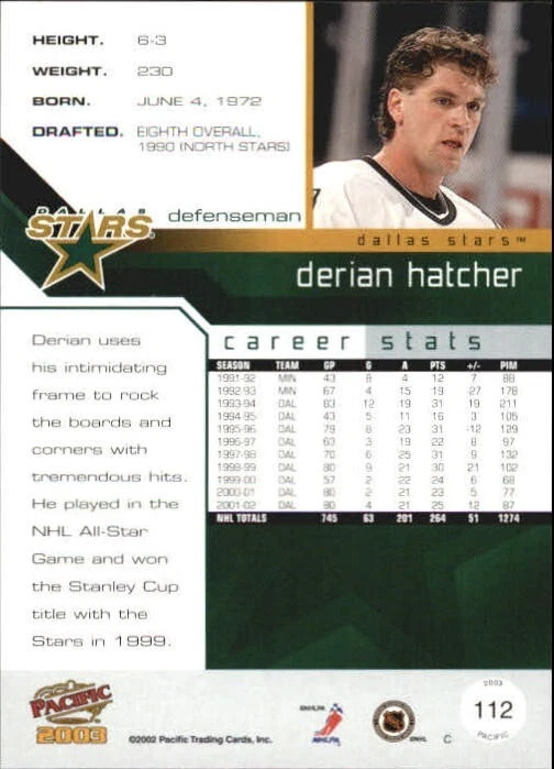 2002-03 Pacific Dallas Stars Hockey Card # 112 Derian Hatcher MINT condition - Image 2 of 2