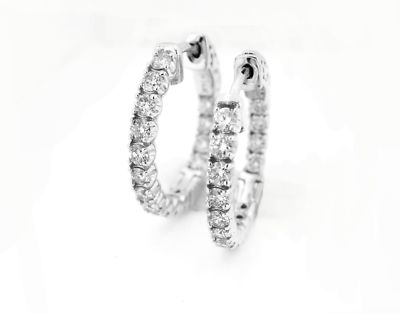14K White Gold Round Cut Diamonds Hoop Earrings Eternity In And Out 1.36 Cts