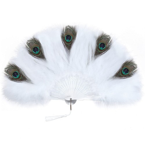 Colourful Peacock Marabou Feather Hand Fan Dance Folding Vintage Fancy Dress - Picture 7 of 18