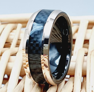 Black Carbon Fiber Inlay Engagement Ring Rose Gold Tungsten Wedding Band for Men