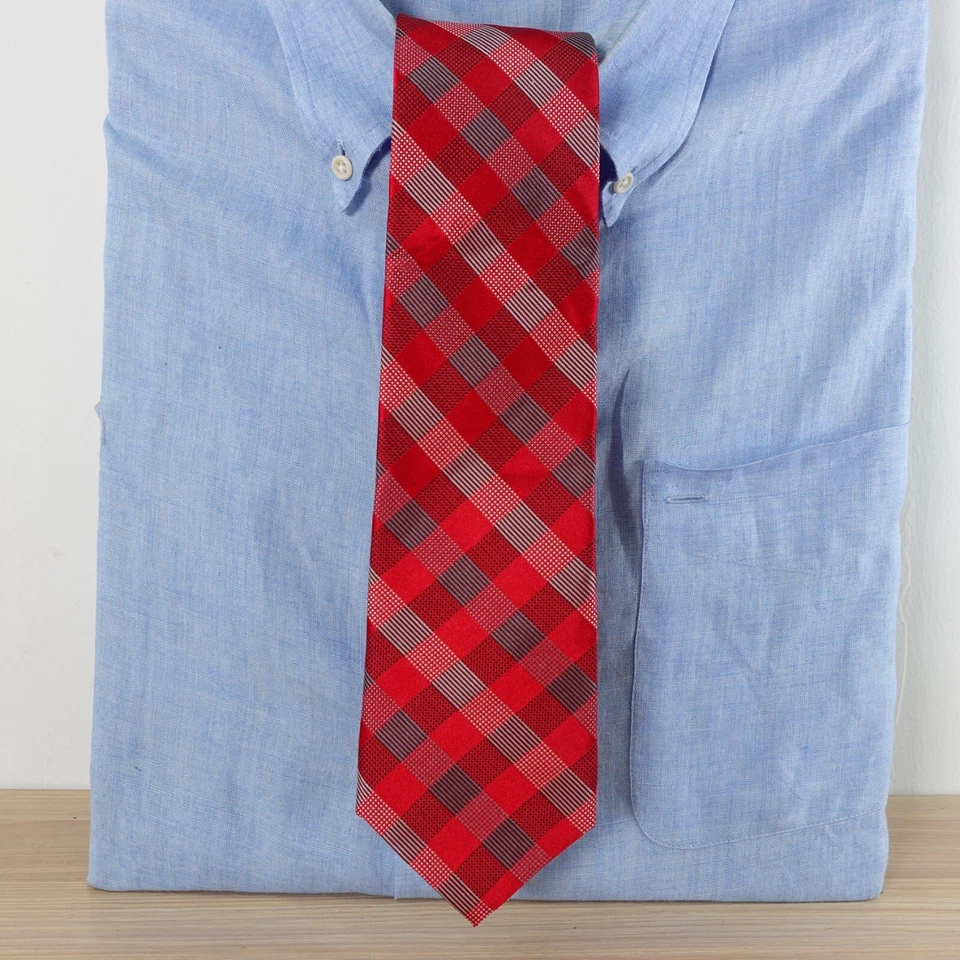 Corbata para el cuello para hombre roja a cuadros guinga seda formal traje brillante BEVERLY HILLS POLO CLUB Foto 2 de 4