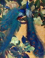 Blue Peacocks In Golden Background Jessie Arms ceramic tile mural backsplash
