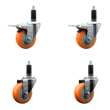 3.5 Inch Orange Poly Swivel 1-1/8 Inch Expanding Stem Caster Set 2 Brakes