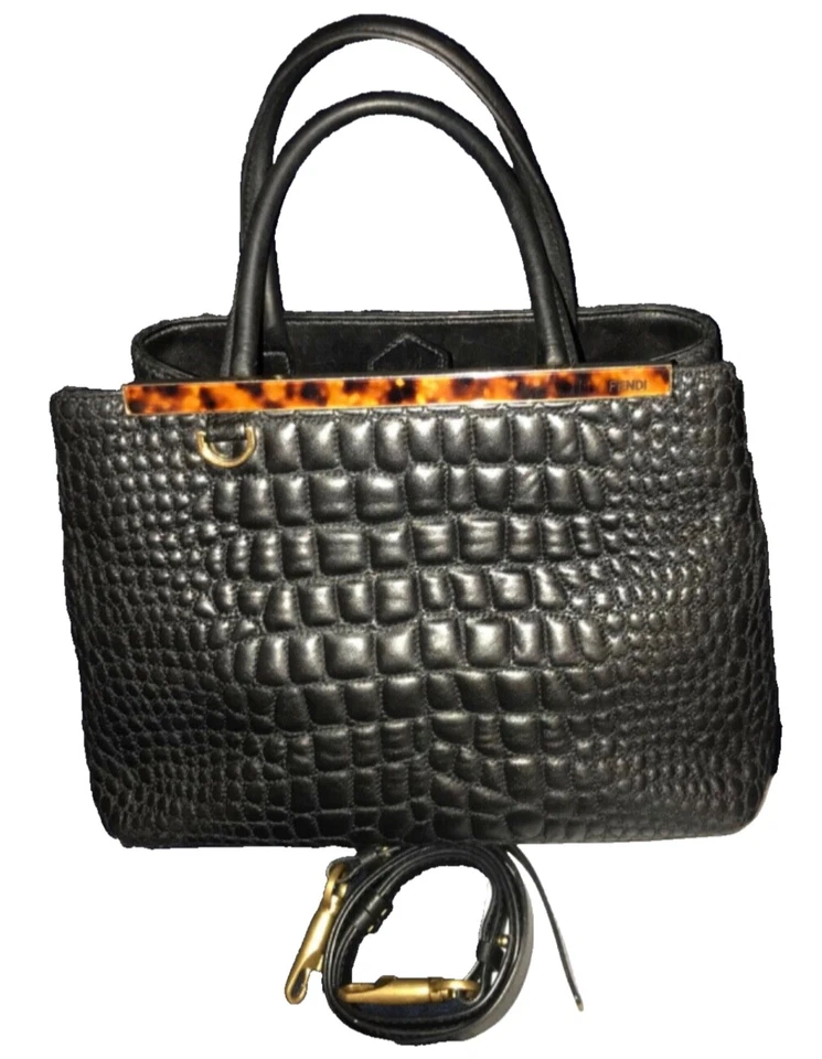 Fendi Black Croc Embossed Leather Medium 2Jours Tote - Image 4 of 4