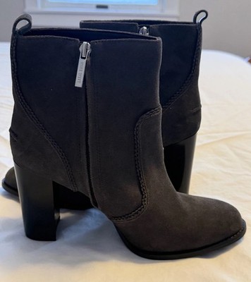NW Quicksand Leather Ankle Boots Womens 9.5M Dark Gray Suede Block Heel Zip
