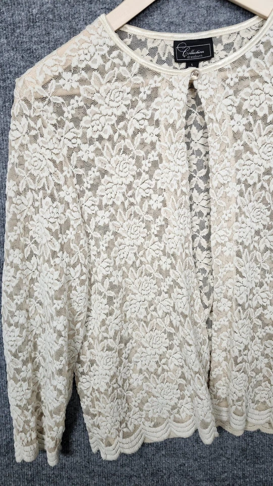 Cardigã vintage coleção Dressbarn Wmn L renda branca jaqueta aberta transparente EUA - Imagem 4 de 4